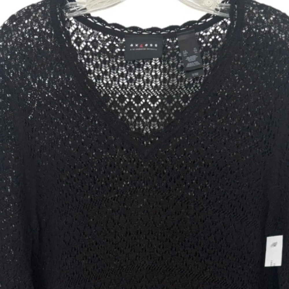 Vintage Y2K Sweater Open Knit Floral Ruffle Black Lace Fairycore 2000s Size XL